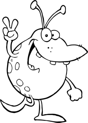 Happy Green Alien Gesturing A Peace Sign Coloring Page